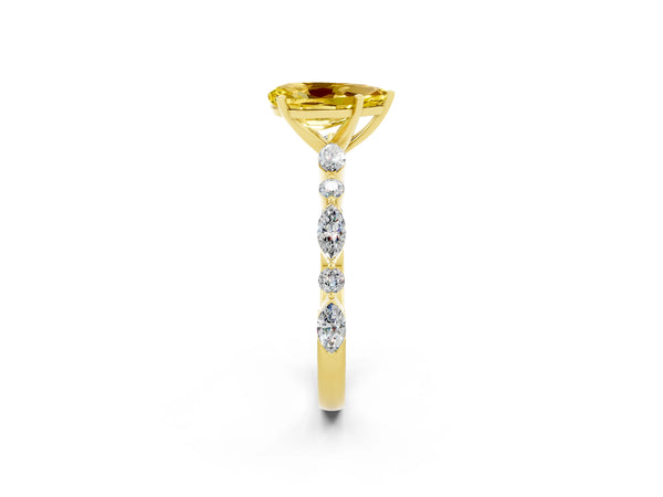 Yellow gold Pear Cut Yellow Sapphire Ring with Marquise and Round  Side Stones and Four-Prong Setting
