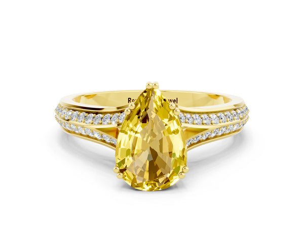 Yellow gold Pear Cut Yellow Sapphire Split Shank Engagement Ring with Pavé Band
