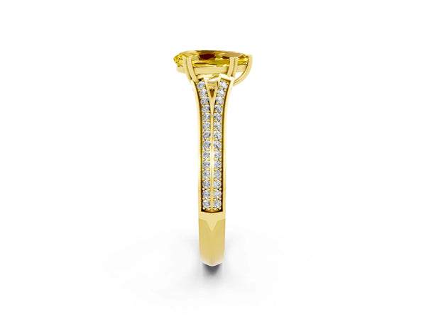 Yellow gold Pear Cut Yellow Sapphire Split Shank Engagement Ring with Pavé Band