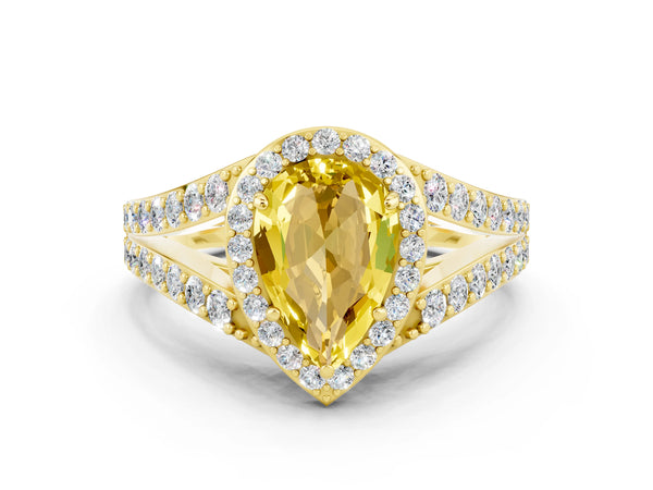 Yellow gold Pear Cut Yellow Sapphire Split Shank Halo Ring with Four-Prong Setting