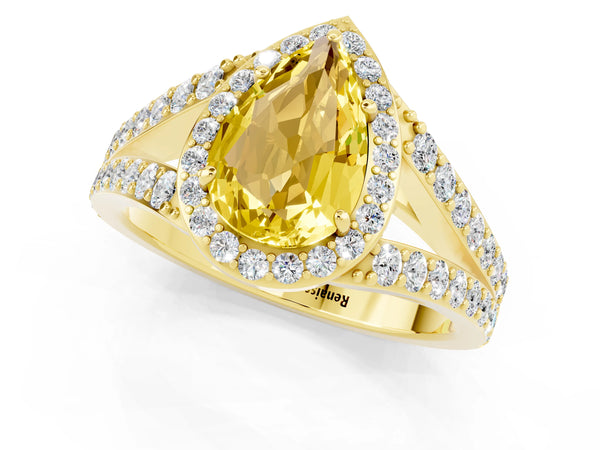 Yellow gold Pear Cut Yellow Sapphire Split Shank Halo Ring with Four-Prong Setting