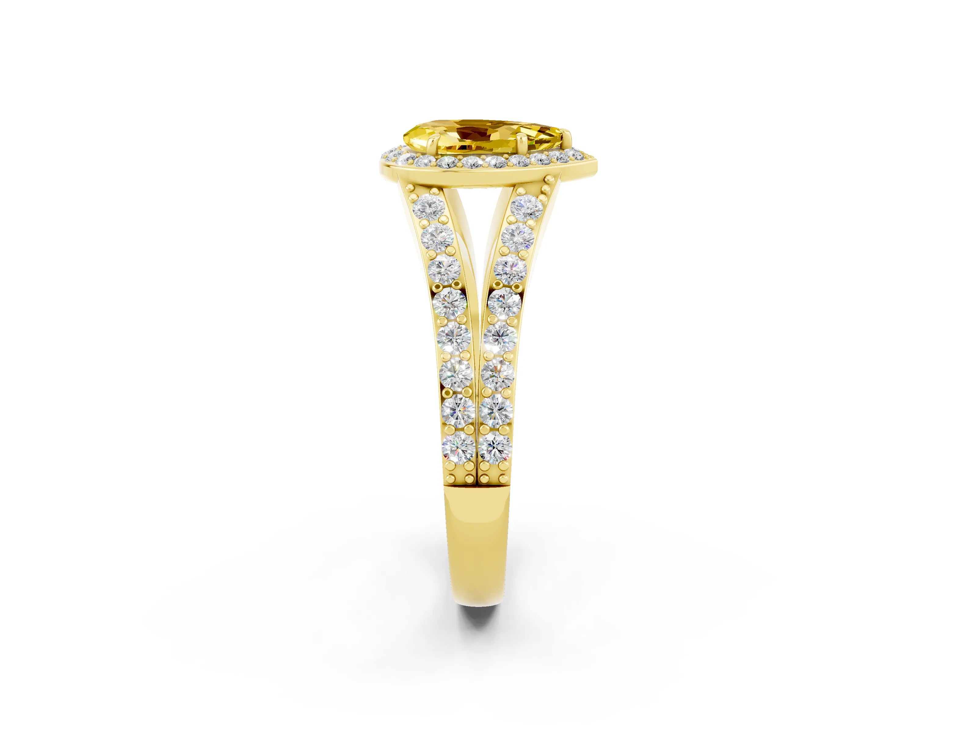 Yellow gold Pear Cut Yellow Sapphire Split Shank Halo Ring with Four-Prong Setting_14