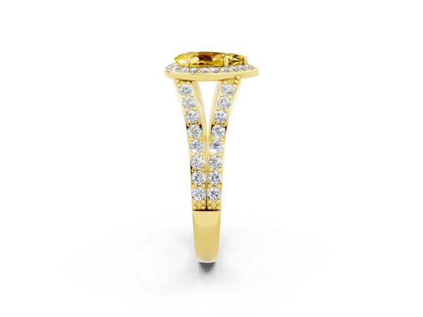 Yellow gold Pear Cut Yellow Sapphire Split Shank Halo Ring with Four-Prong Setting