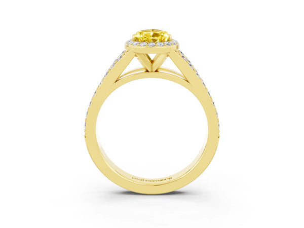 Yellow gold Pear Cut Yellow Sapphire Split Shank Halo Ring with Four-Prong Setting