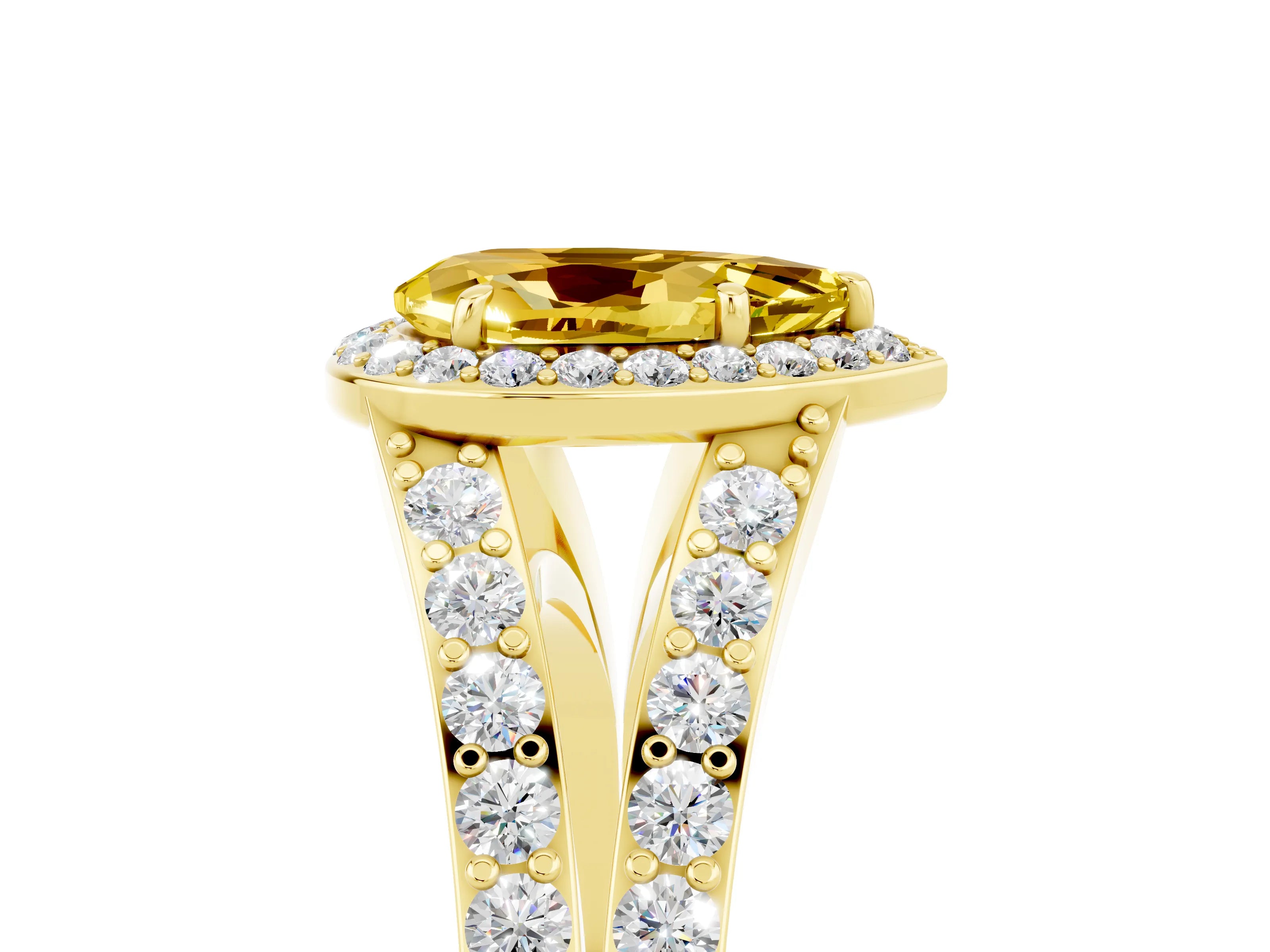Yellow gold Pear Cut Yellow Sapphire Split Shank Halo Ring with Four-Prong Setting_17