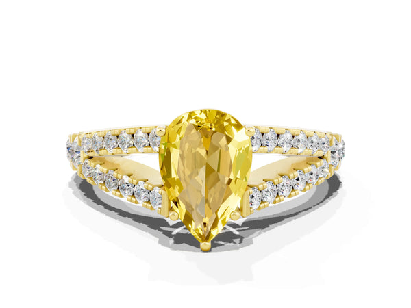 Yellow gold Pear Cut Yellow Sapphire Split Shank Pavé Engagement Ring with Four-Prong Setting