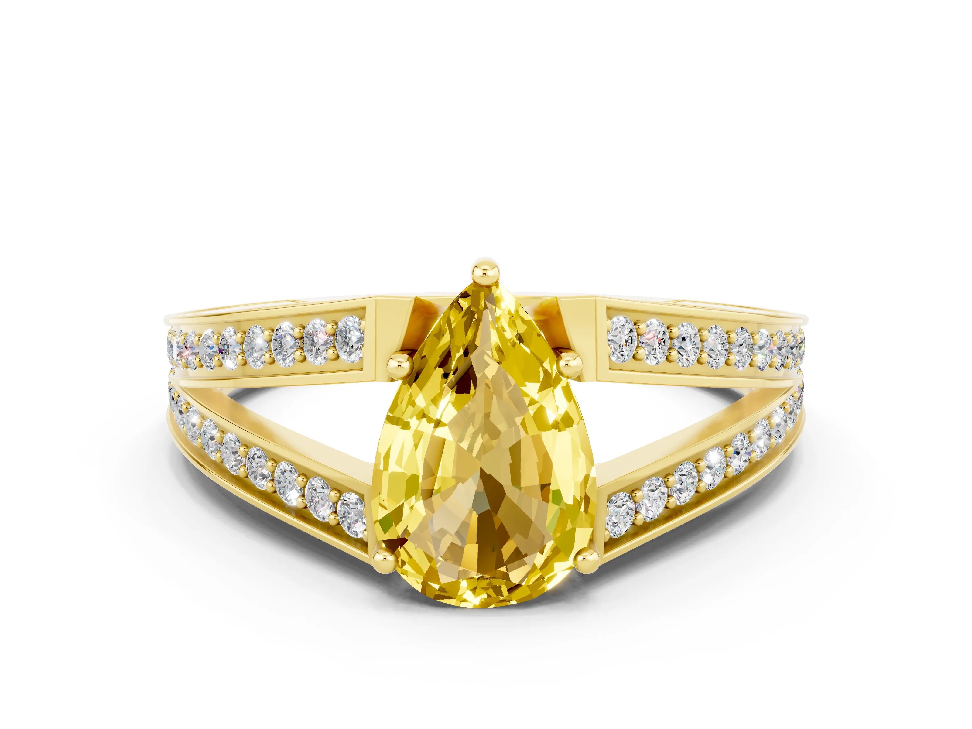 Yellow gold Pear Cut Yellow Sapphire Split Shank Ring with Pavé Band and Four-Prong Setting
