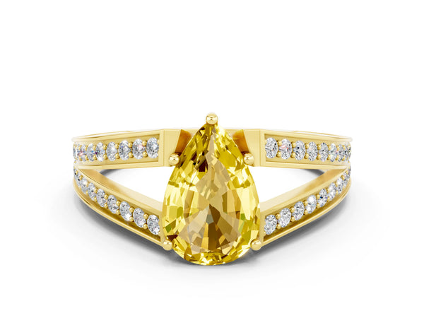 Yellow gold Pear Cut Yellow Sapphire Split Shank Ring with Pavé Band and Four-Prong Setting
