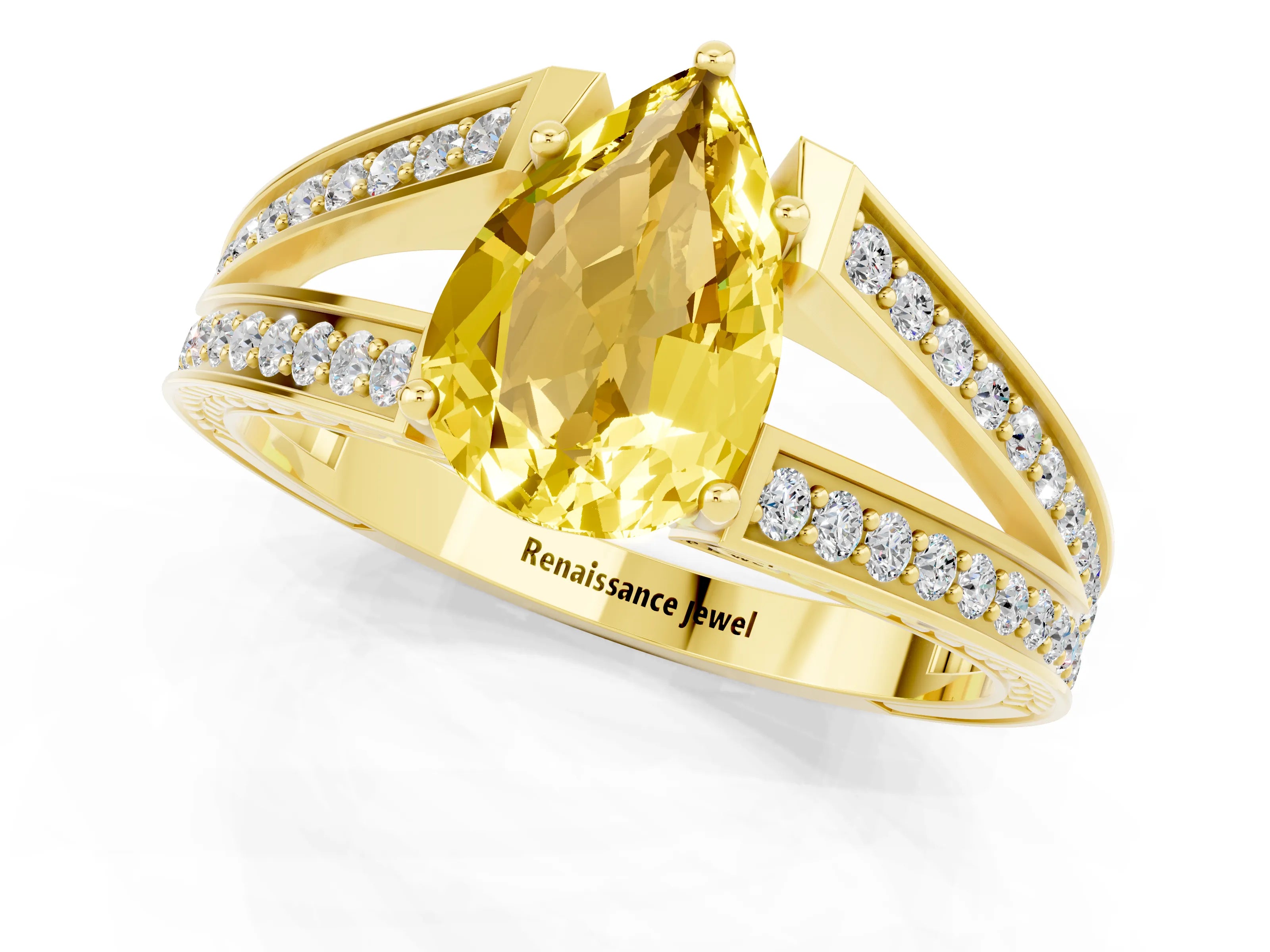 Yellow gold Pear Cut Yellow Sapphire Split Shank Ring with Pavé Band and Four-Prong Setting_1