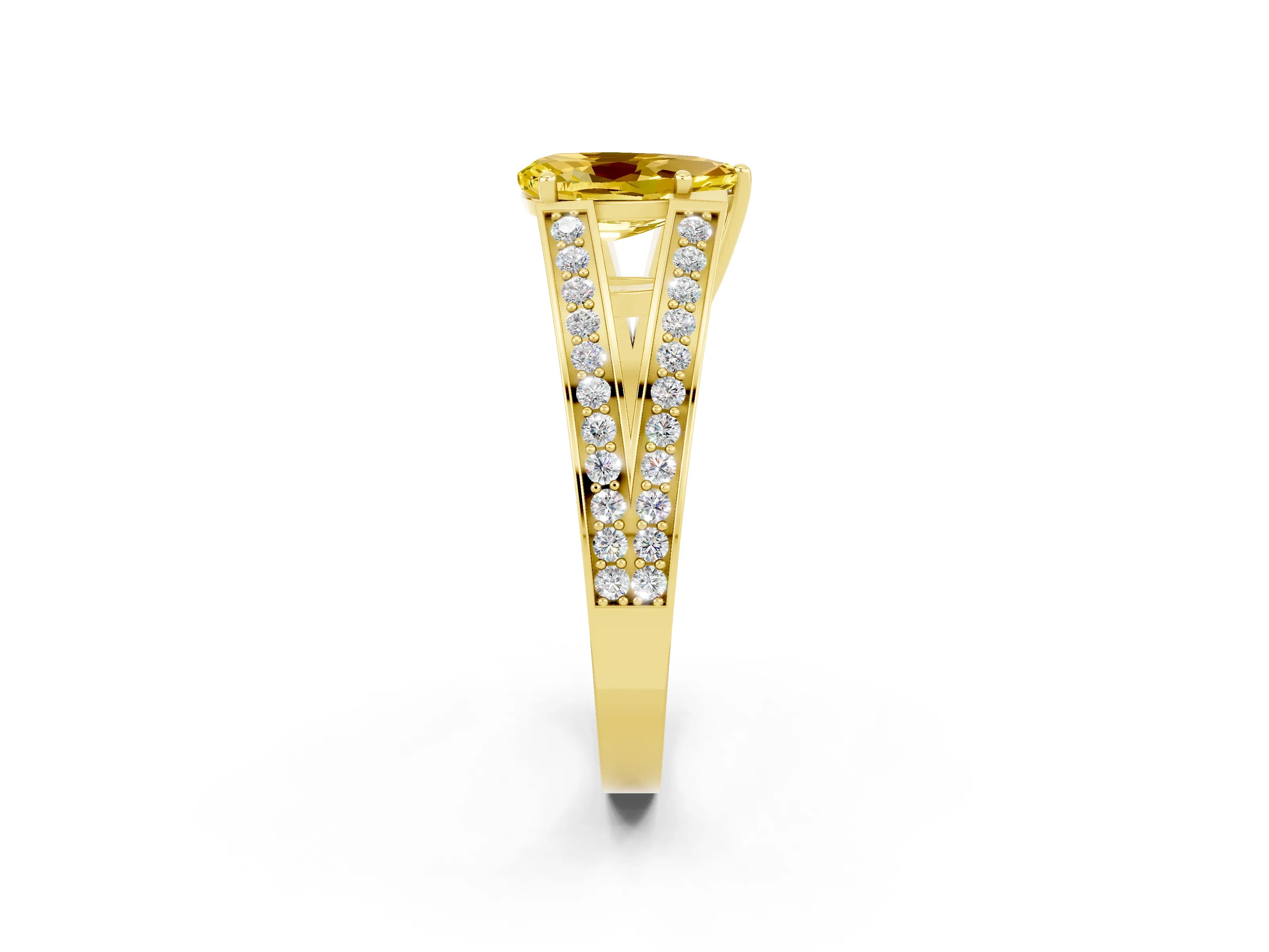 Yellow gold Pear Cut Yellow Sapphire Split Shank Ring with Pavé Band and Four-Prong Setting_2