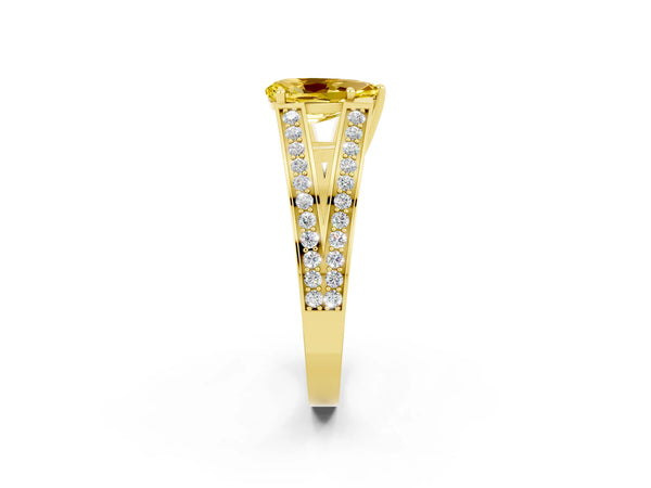 Yellow gold Pear Cut Yellow Sapphire Split Shank Ring with Pavé Band and Four-Prong Setting