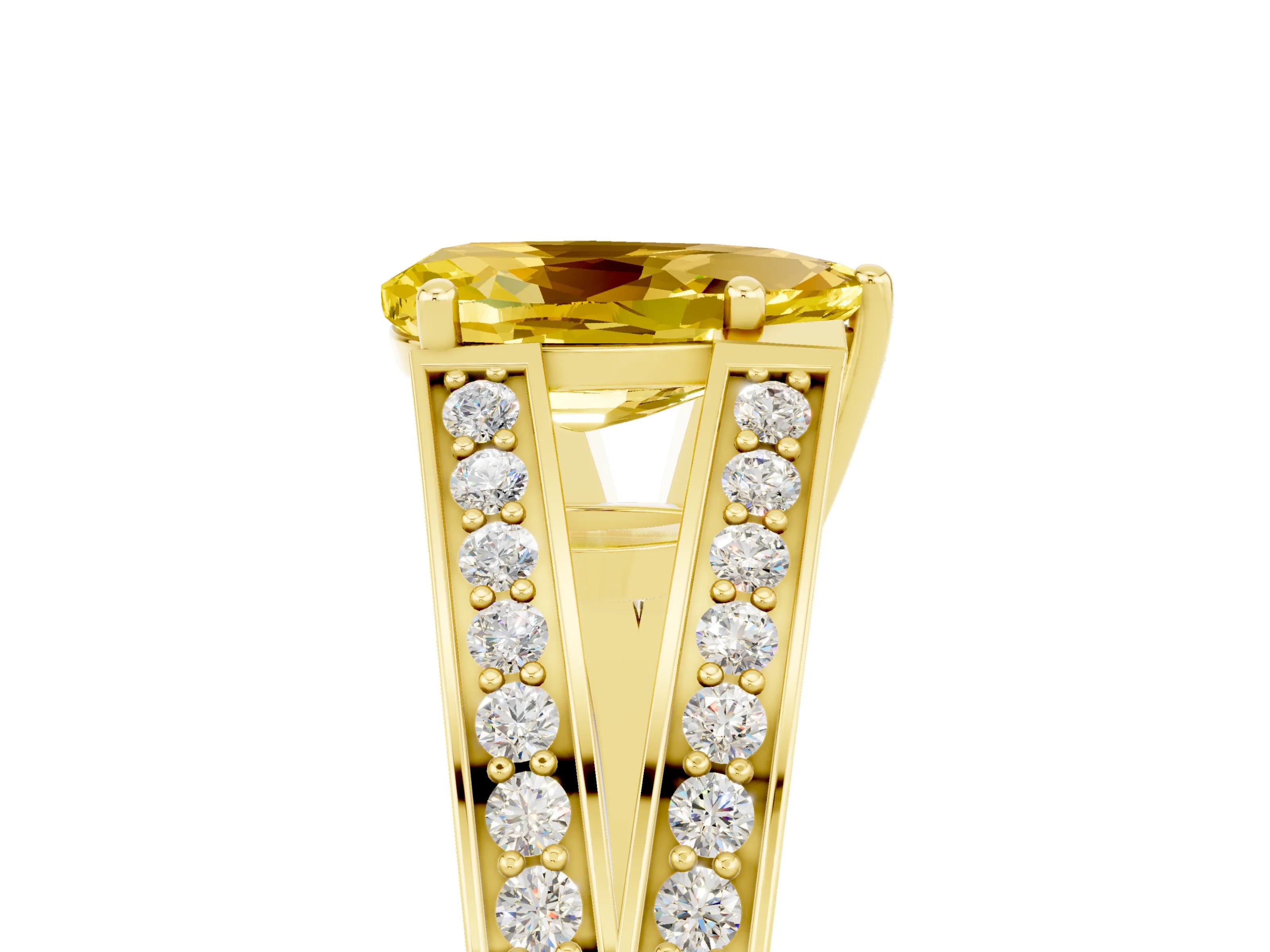 Yellow gold Pear Cut Yellow Sapphire Split Shank Ring with Pavé Band and Four-Prong Setting_5