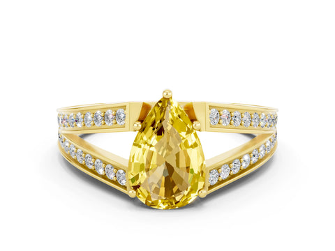 Yellow gold Pear Cut Yellow Sapphire Split Shank Ring with Pavé Band and Four-Prong Setting