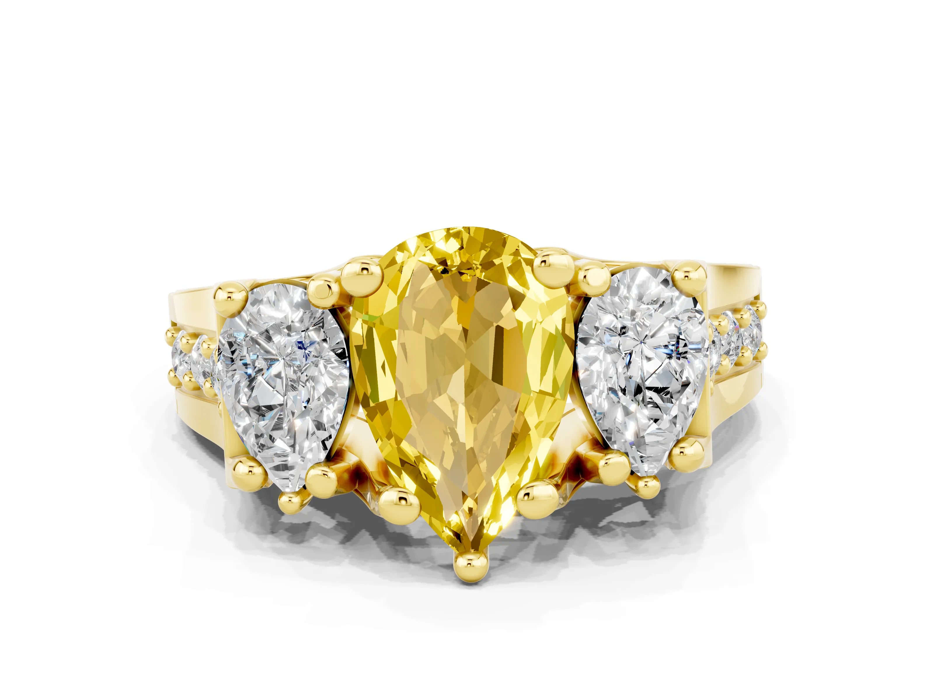 Yellow gold Pear Cut Yellow Sapphire Three-Stone Ring with Channel Set Band and Four-Prong Setting