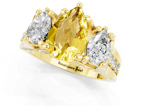 Yellow gold Pear Cut Yellow Sapphire Three-Stone Ring with Channel Set Band and Four-Prong Setting_1