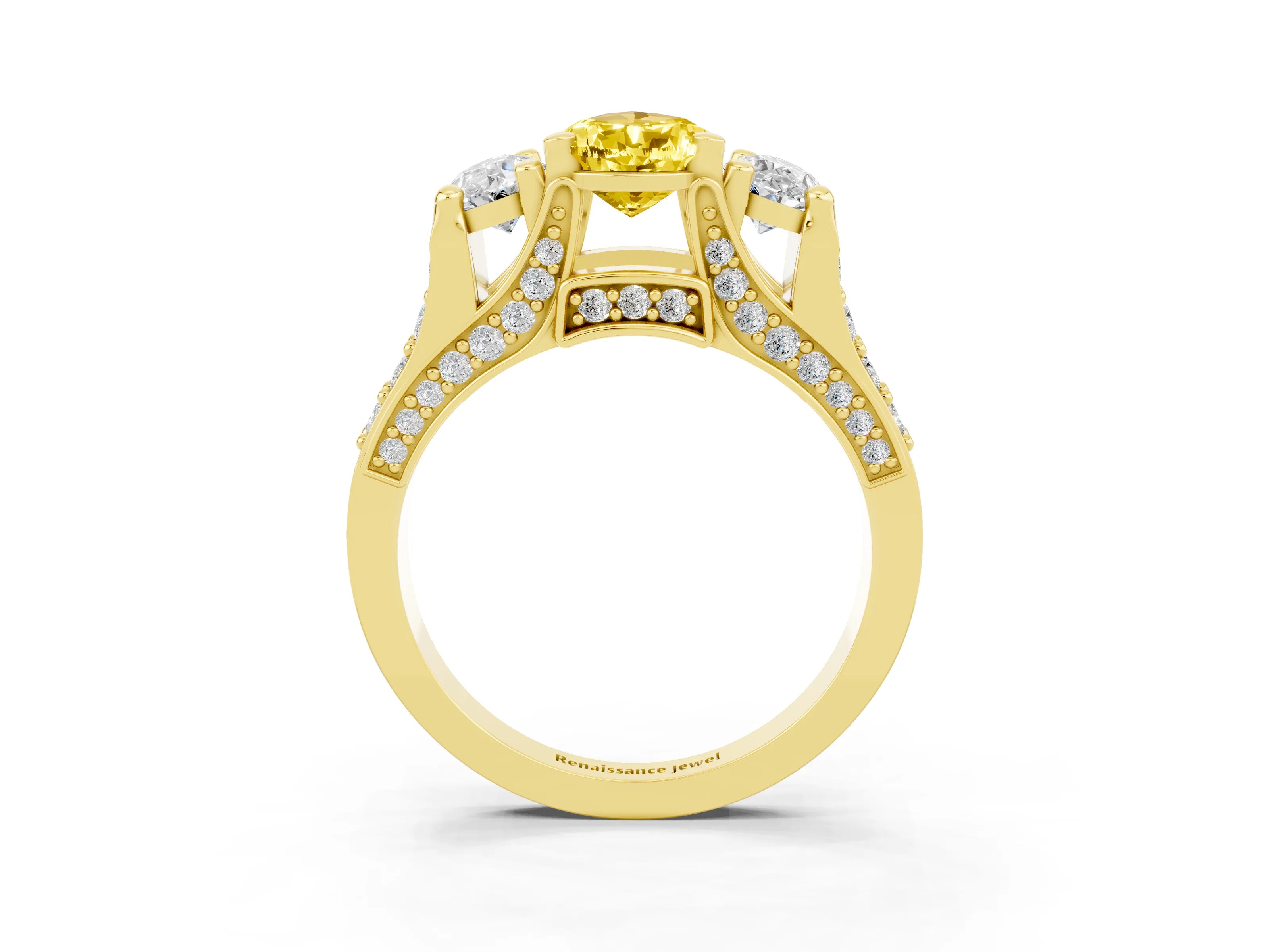 Yellow gold Pear Cut Yellow Sapphire Three-Stone Ring with Channel Set Band and Four-Prong Setting_3