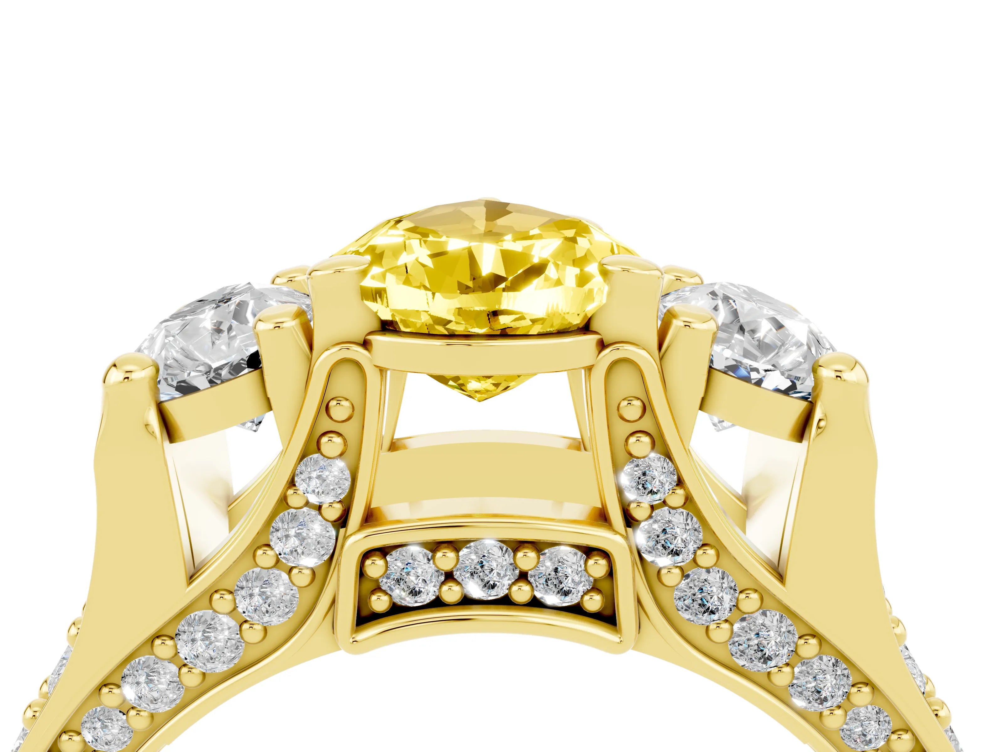 Yellow gold Pear Cut Yellow Sapphire Three-Stone Ring with Channel Set Band and Four-Prong Setting_4