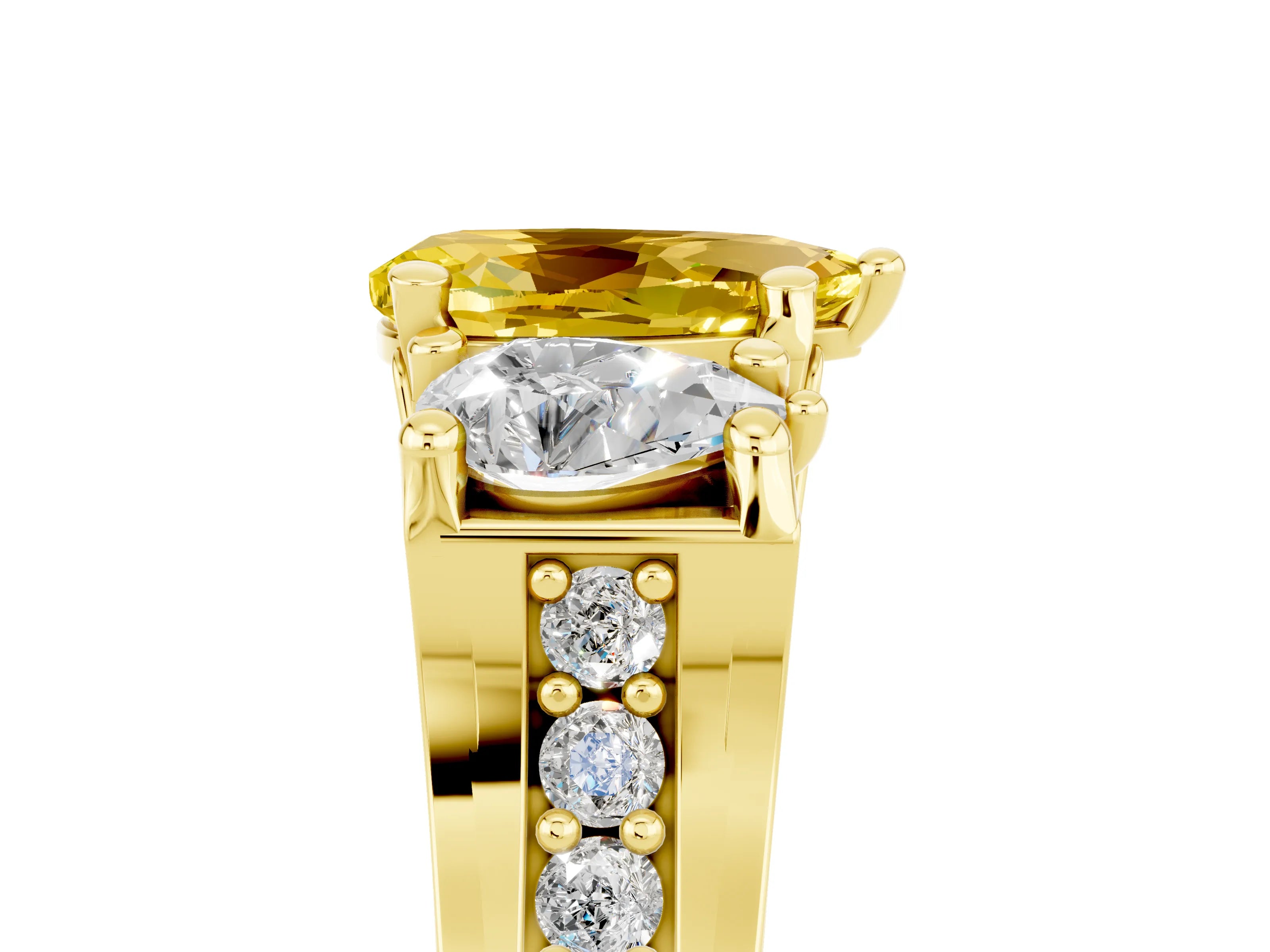 Yellow gold Pear Cut Yellow Sapphire Three-Stone Ring with Channel Set Band and Four-Prong Setting_5