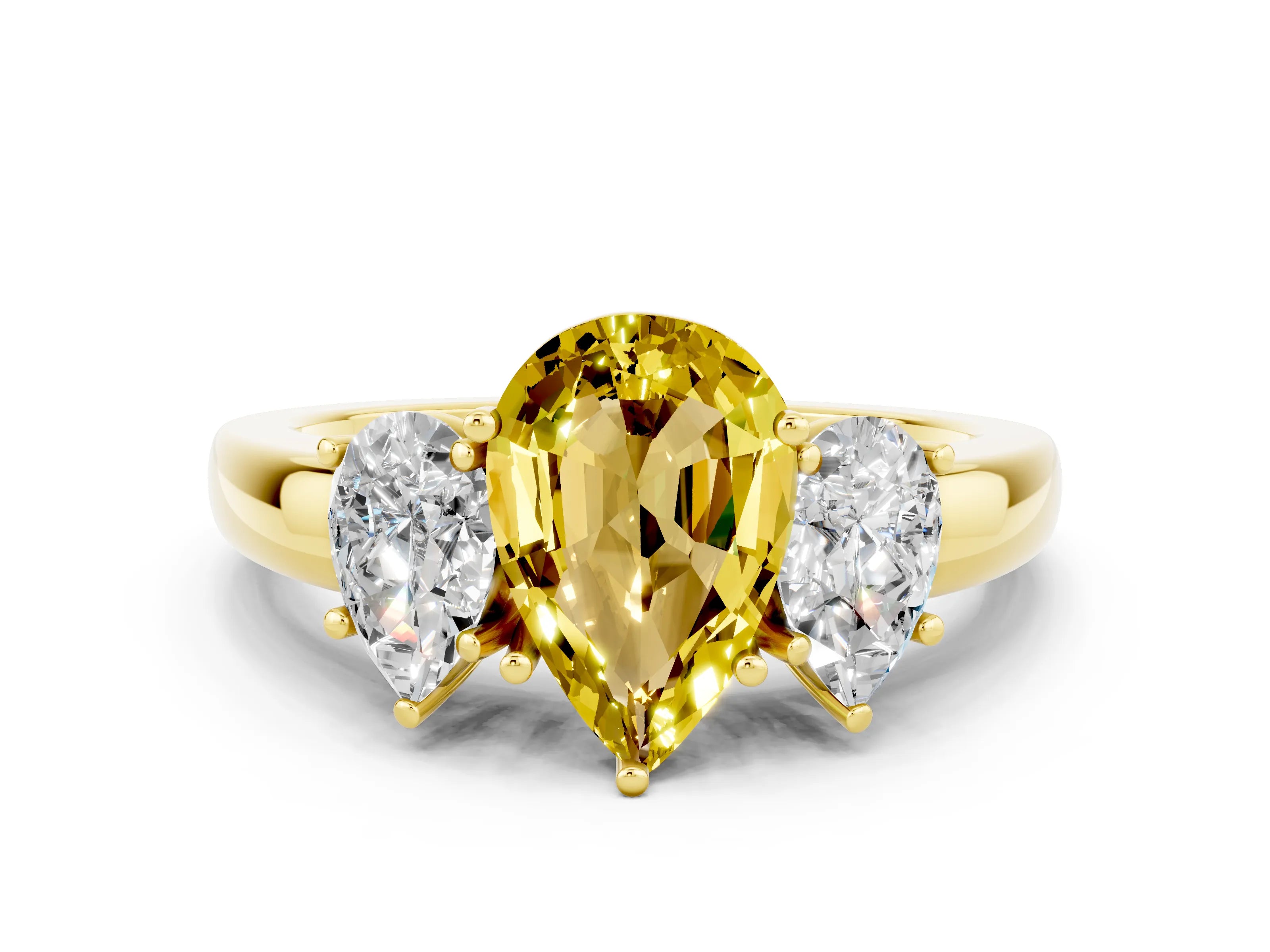 Yellow gold Pear Cut Yellow Sapphire Three-Stone Ring with Four-Prong Setting and Classic Band