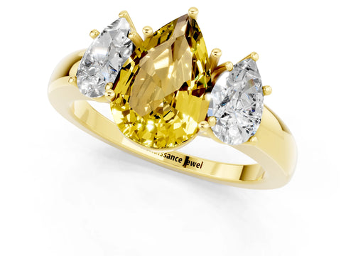 Yellow gold Pear Cut Yellow Sapphire Three-Stone Ring with Four-Prong Setting and Classic Band_1