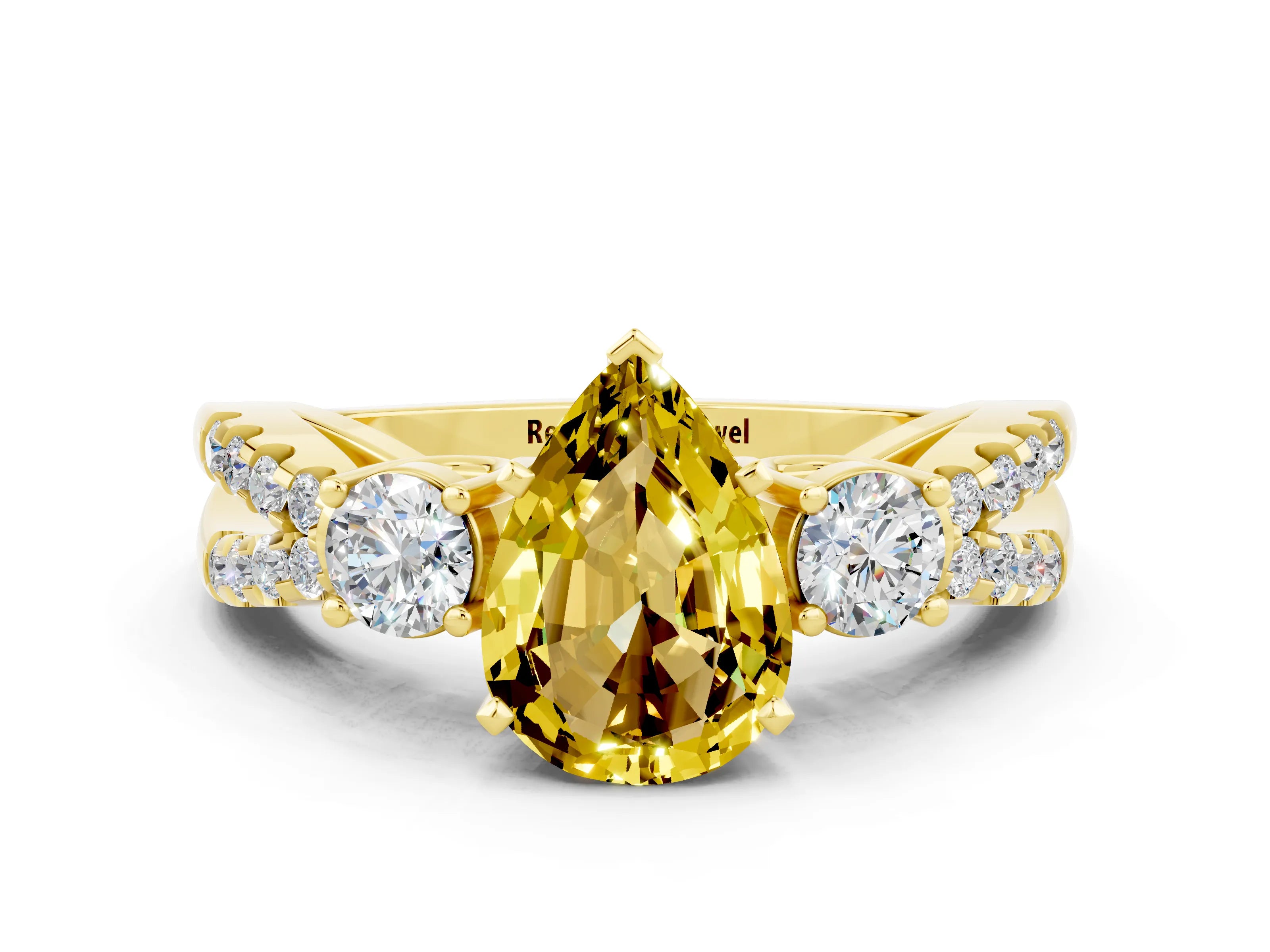 Yellow gold Pear Cut Yellow Sapphire Three-Stone Ring with Pavé Split Shank and Four-Prong Setting_36