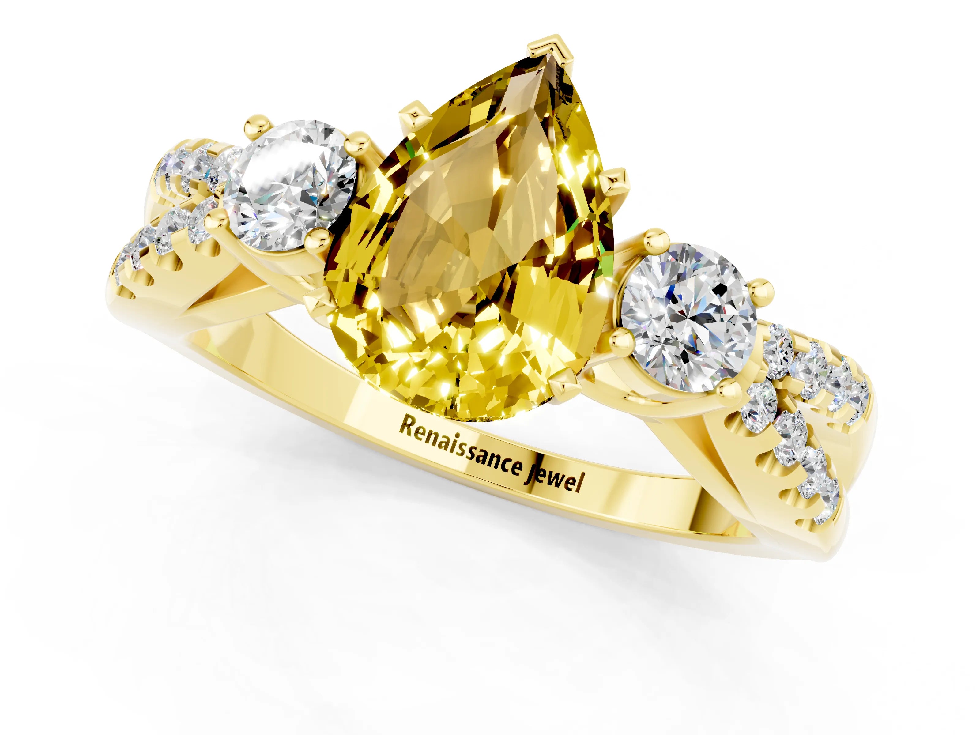 Yellow gold Pear Cut Yellow Sapphire Three-Stone Ring with Pavé Split Shank and Four-Prong Setting_37