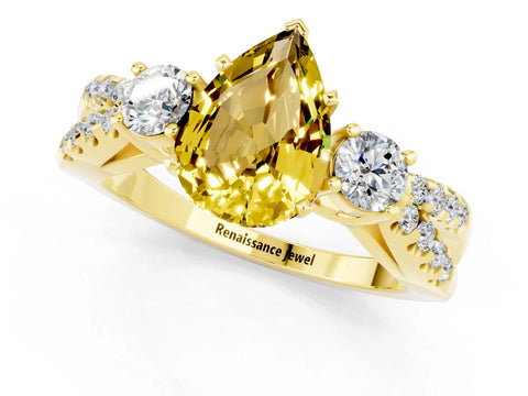 Yellow gold Pear Cut Yellow Sapphire Three-Stone Ring with Pavé Split Shank and Four-Prong Setting_37