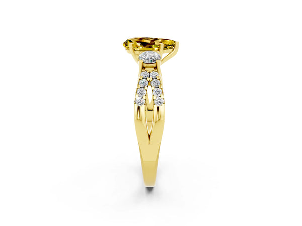Yellow gold Pear Cut Yellow Sapphire Three-Stone Ring with Pavé Split Shank and Four-Prong Setting