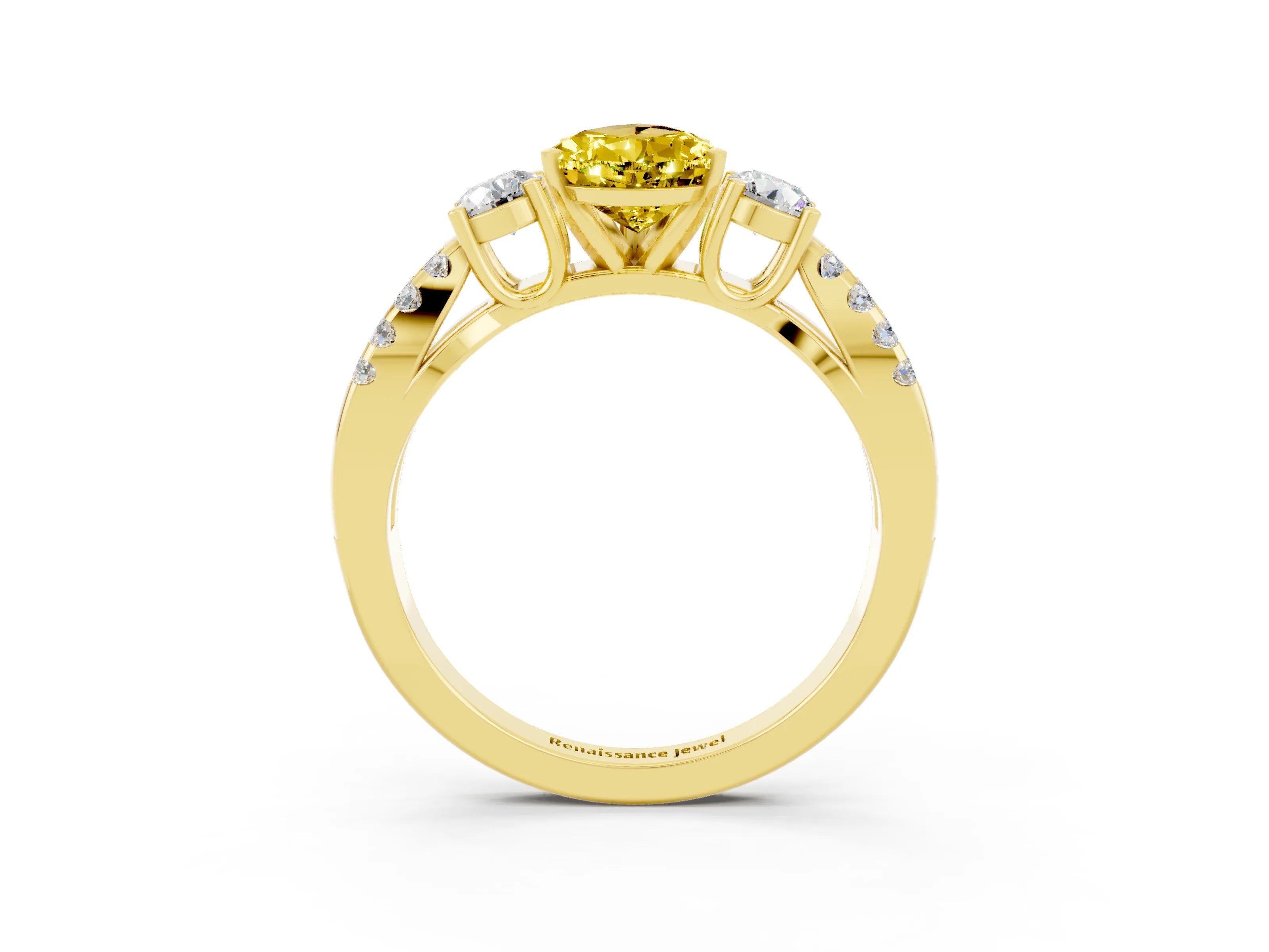 Yellow gold Pear Cut Yellow Sapphire Three-Stone Ring with Pavé Split Shank and Four-Prong Setting_39