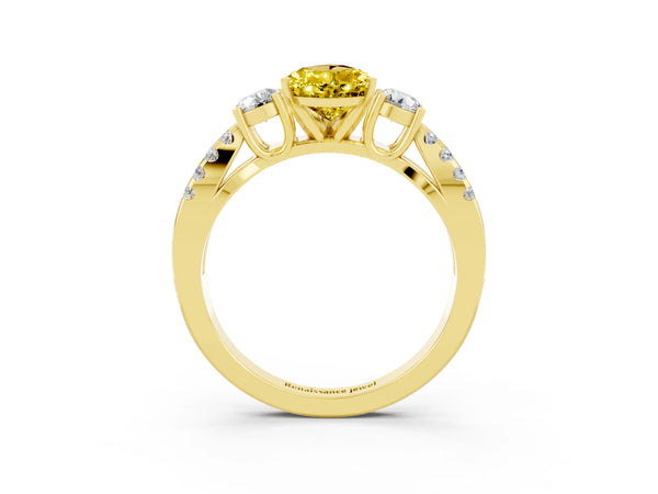Yellow gold Pear Cut Yellow Sapphire Three-Stone Ring with Pavé Split Shank and Four-Prong Setting
