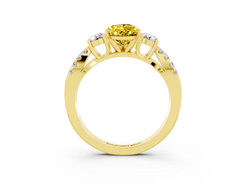 Yellow gold Pear Cut Yellow Sapphire Three-Stone Ring with Pavé Split Shank and Four-Prong Setting_39