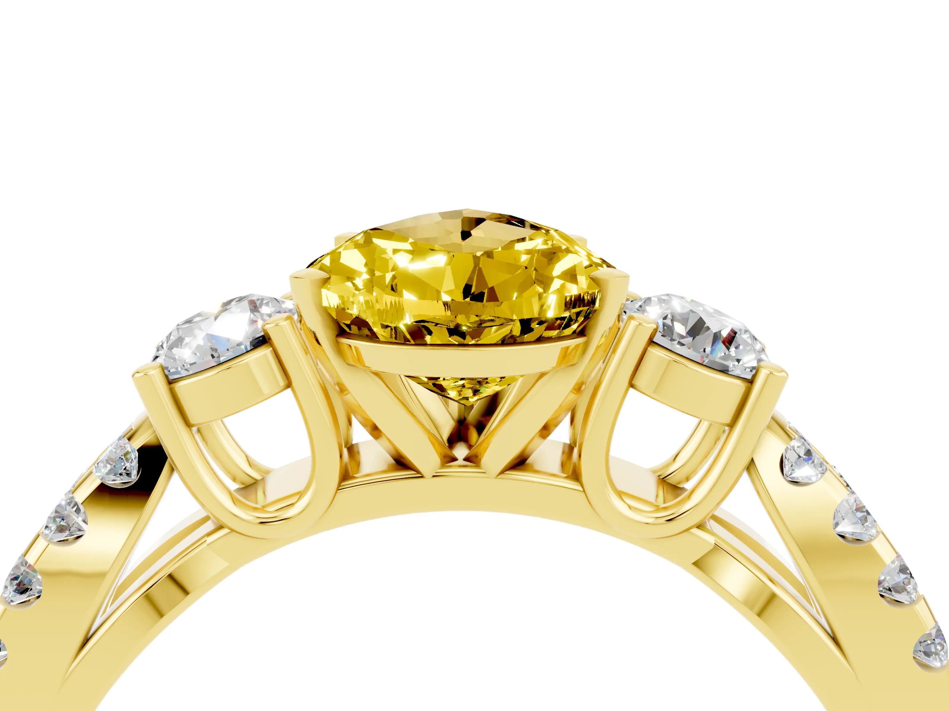 Yellow gold Pear Cut Yellow Sapphire Three-Stone Ring with Pavé Split Shank and Four-Prong Setting_40