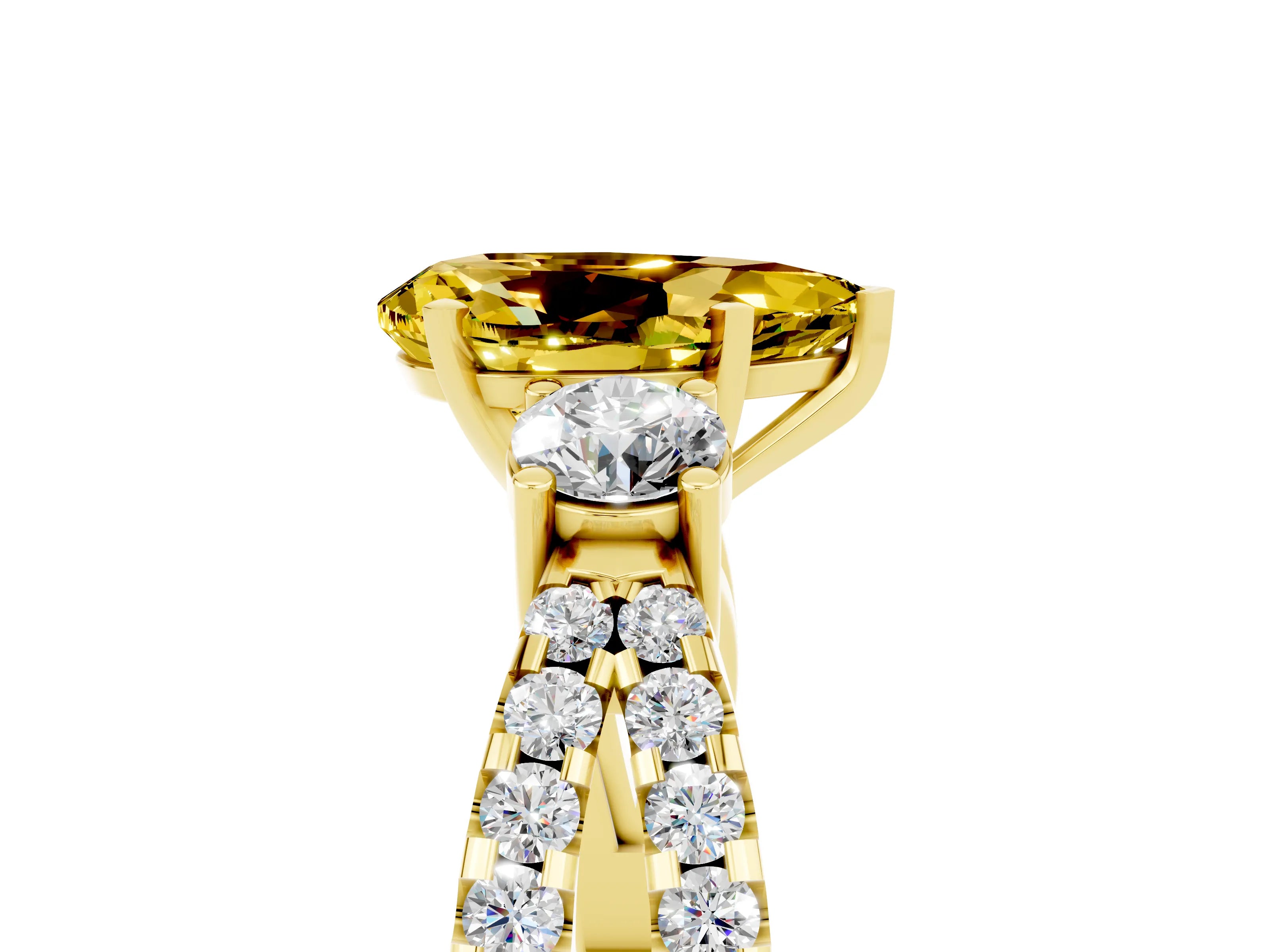 Yellow gold Pear Cut Yellow Sapphire Three-Stone Ring with Pavé Split Shank and Four-Prong Setting_41