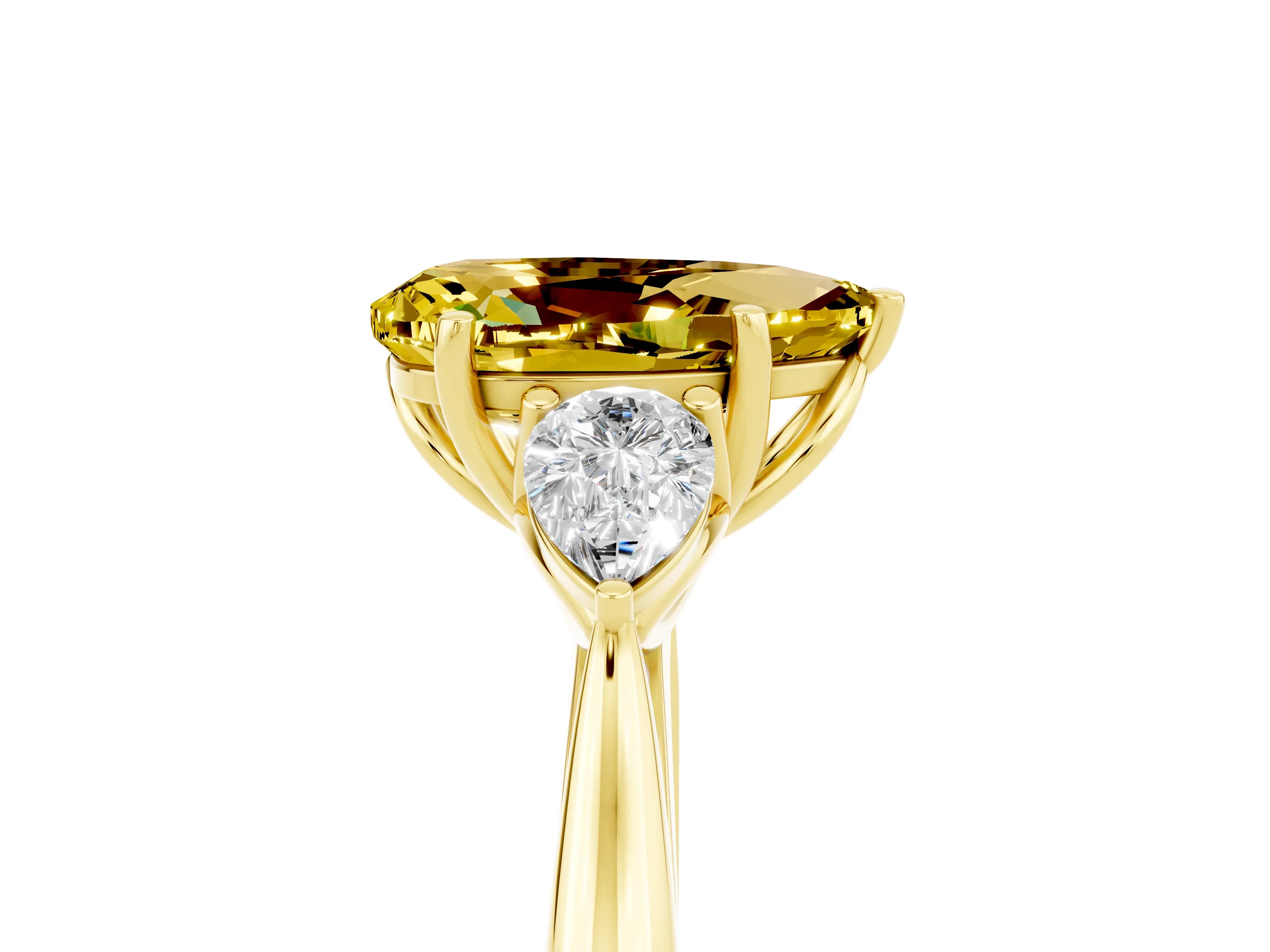 Yellow gold Pear Cut Yellow Sapphire Three-Stone Ring with Pear Side Stones and Four-Prong Setting_41