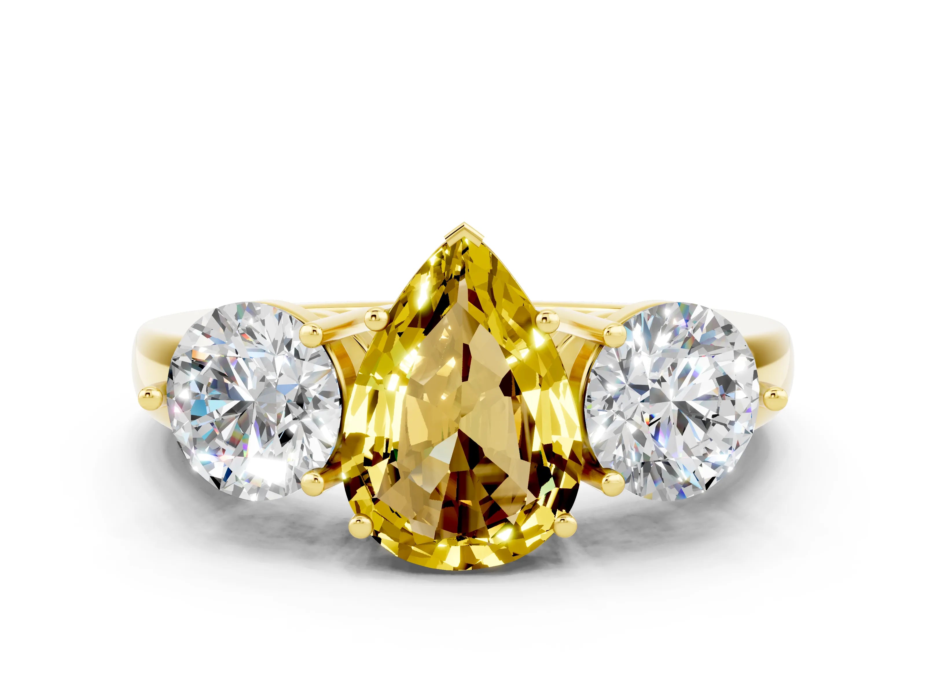 Yellow gold Pear Cut Yellow Sapphire Three-Stone Ring with Prong Setting and Classic Band