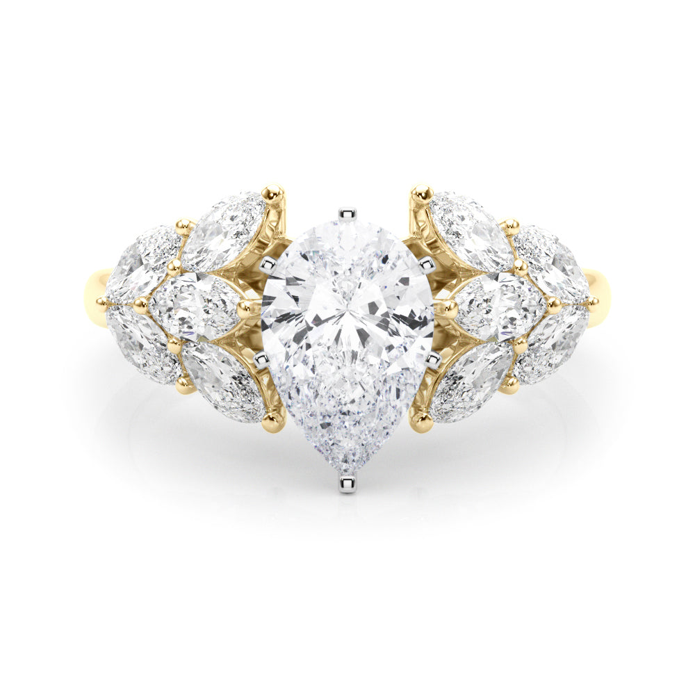 Yellow gold Pear Diamond Cluster Leaf Design Ring with Prong Setting 1