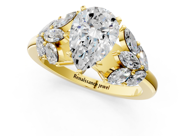 Yellow Gold Pear-Shaped Cluster Leaf Engagement Ring Setting with Marquise Accents