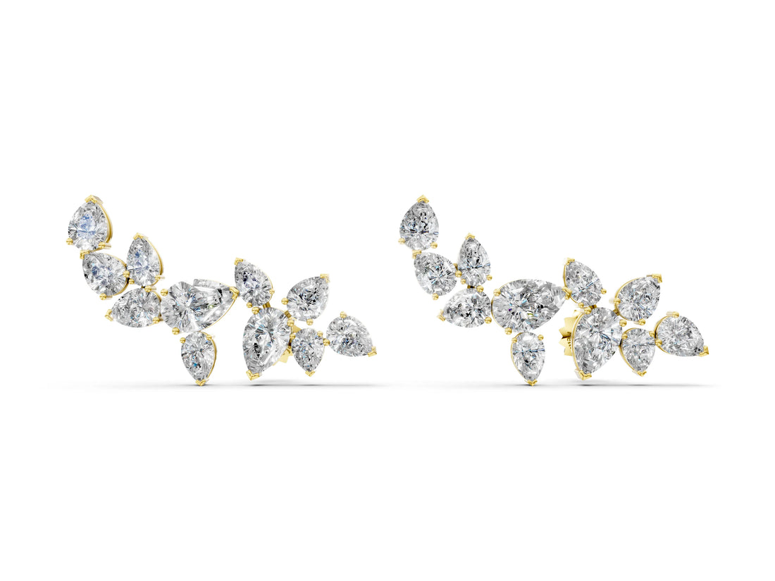Yellow gold Pear Diamond Curved Cluster Climber Earrings