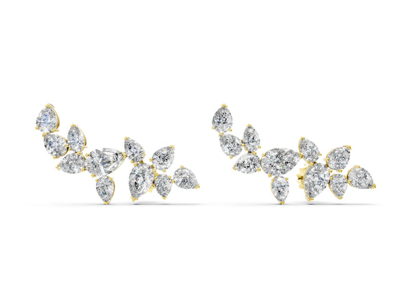 Yellow gold Pear Diamond Curved Cluster Climber Earrings