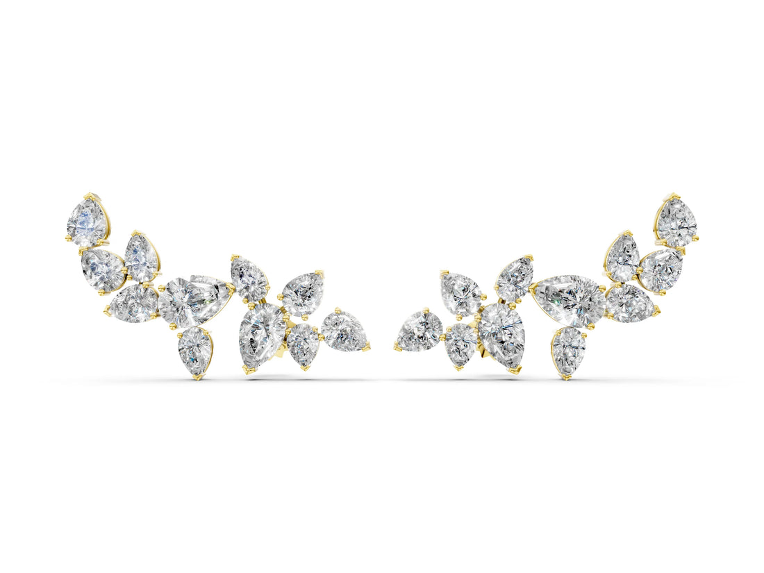 10K Yellow Gold 3.18 Carat E-F VVS-VS Pear Diamond Curved Cluster Climber Earrings