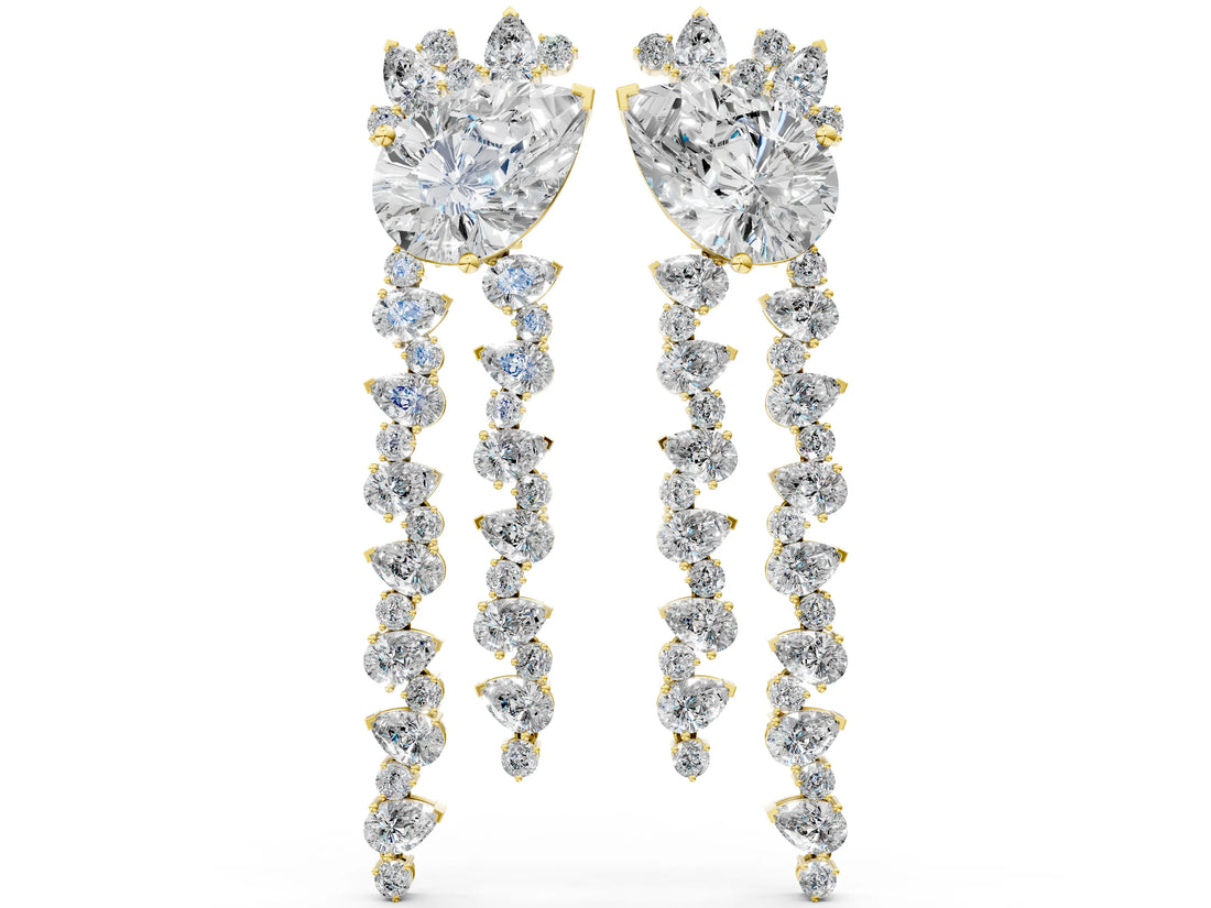 Yellow gold Pear Diamond Drop Earrings with Trilliant Diamond Cascades