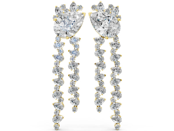 Yellow gold Pear Diamond Drop Earrings with Trilliant Diamond Cascades