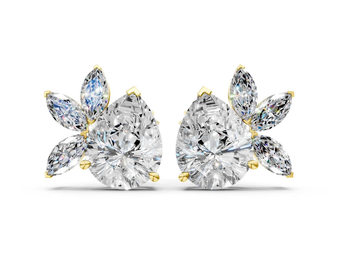 Yellow gold Pear Diamond Fan Stud Earrings with Marquise Lab Grown Diamond Accents_4