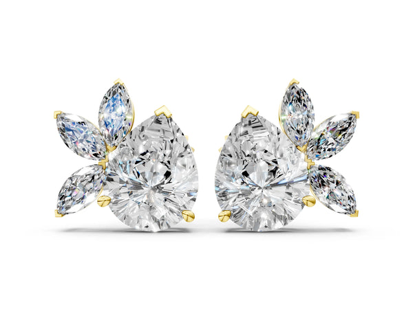 Yellow gold Pear Diamond Fan Stud Earrings with Marquise Lab Grown Diamond Accents
