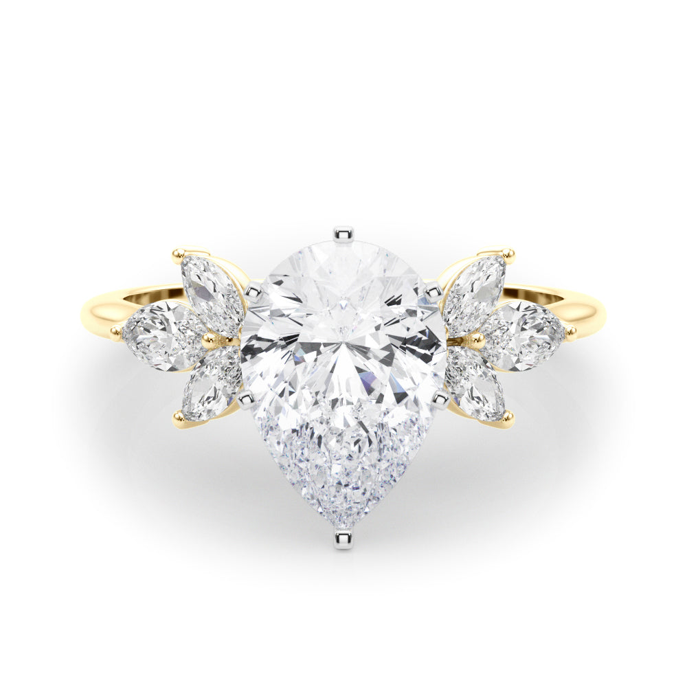 Yellow gold Pear Diamond Floral Cluster Ring with Marquise Side Stones and Six-Prong Solitaire Setting 1