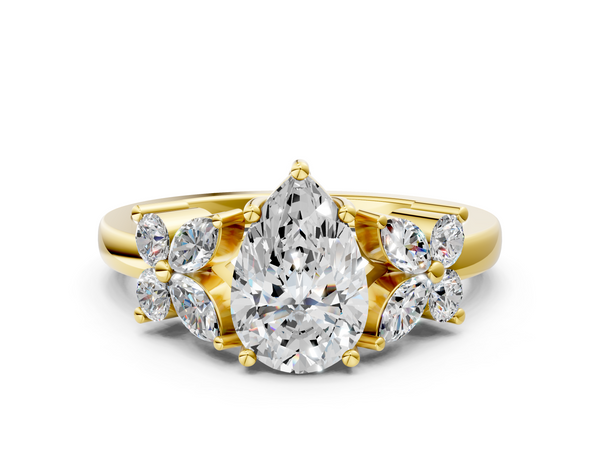 Yellow gold Pear Diamond Floral Cluster Ring with Solitaire Band and Prong Setting