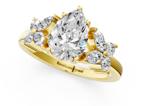 Yellow gold Pear Diamond Floral Cluster Ring with Solitaire Band and Prong Setting