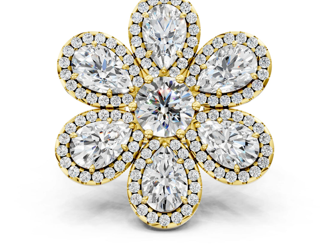 Yellow gold Pear Diamond Floral Promise Ring with Round Diamond Center