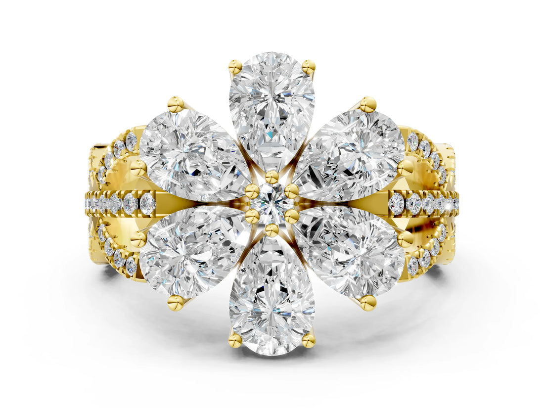 Yellow gold Pear Diamond Floral Ring with Round Diamond Accents