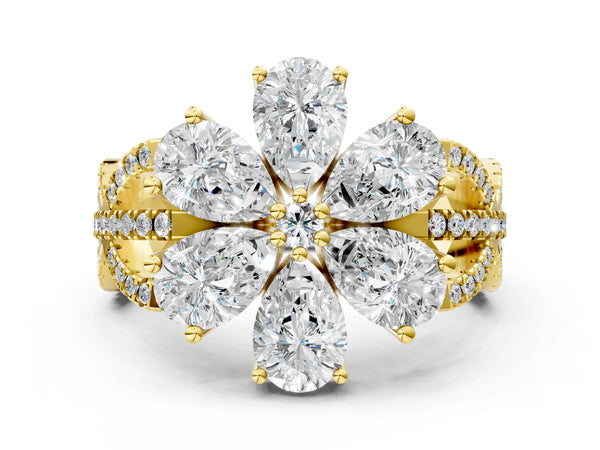 Yellow gold Pear Diamond Floral Ring with Round Diamond Accents